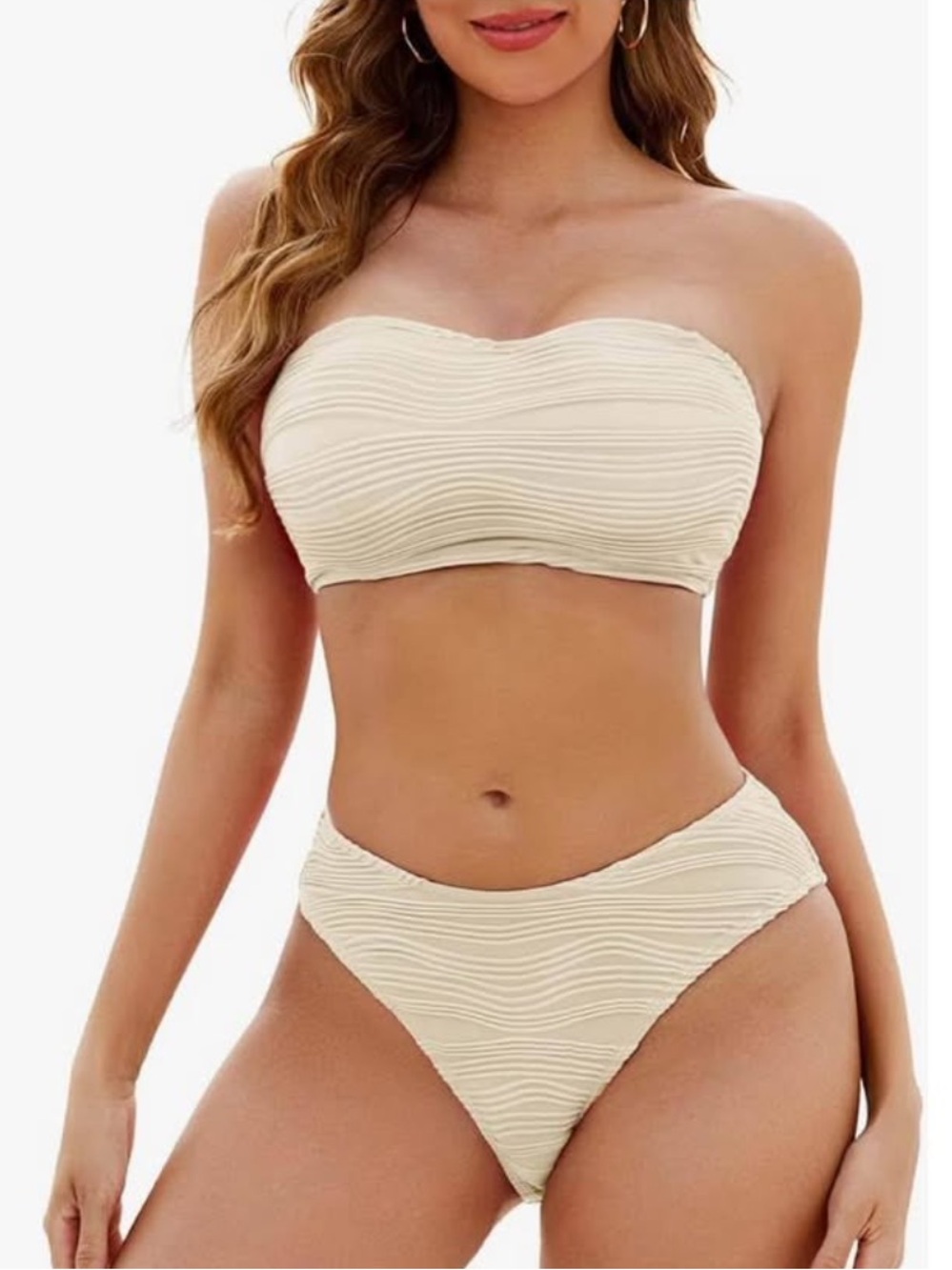 Zaful Cream Strapless Ribbed Bikini Set